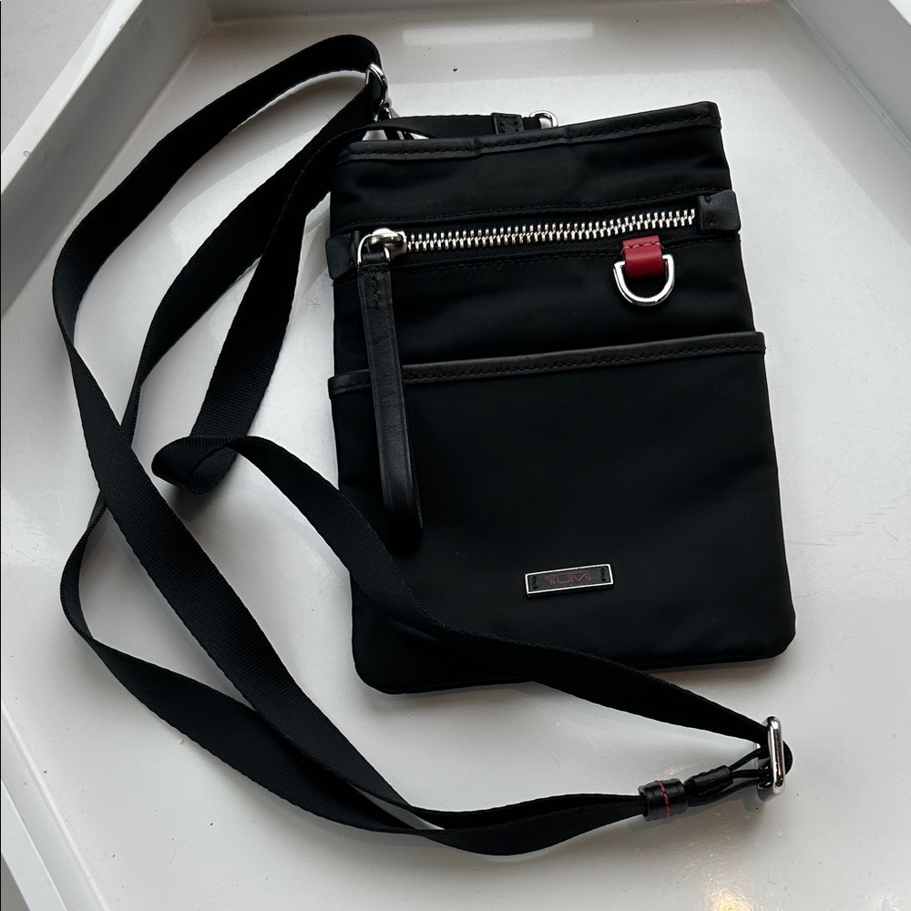 Tumi Black Crossbody Organizer Bag with Red Accent - Unisex
